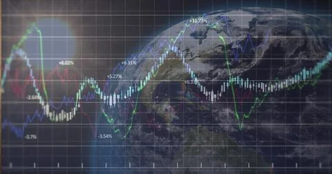 Displaying market data over globe on screen, with candlestick bars and line Illustrazione stock
