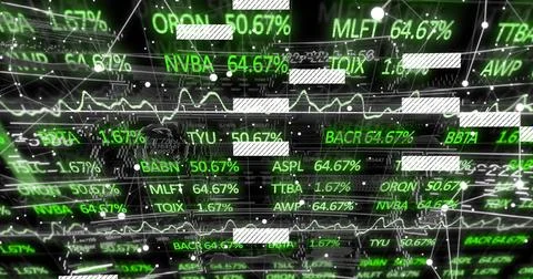 Displaying market data at trading dashboard, showing green tickers, line graphs, Stock Illustration