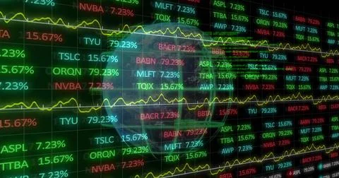 Displaying market grid at data center showing ticker symbols percent yellow line Stock Illustration