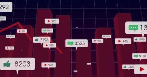 Displaying maroon 3D bar cluster on dark grid plane, showing floating badges and Stock Illustration