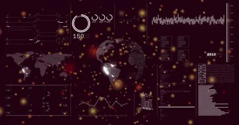 Displaying maroon data dashboard centering clear 3D globe on virtual panel, Illustrazione stock