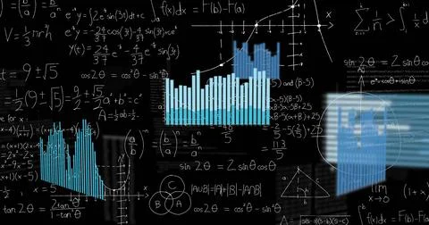 Displaying math blending handwritten equations and plots on chalkboard with b Stock Illustration
