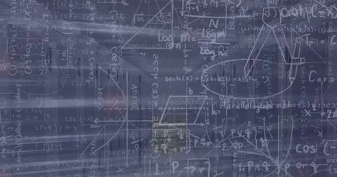Displaying math formulas and function graphs on abstract chalkboard interface, Stock Photos