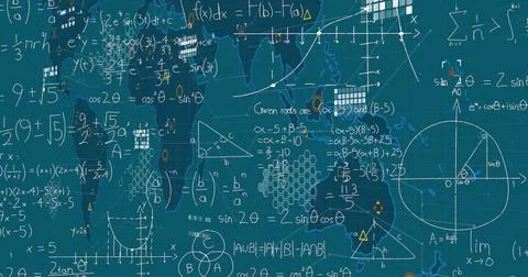 Displaying math notations over world map grid, with integrals, sin2? and grid Stock Photos