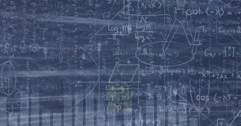 Displaying mathematical annotations covering chalkboard space, with equations Stock Photos