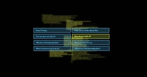 Displaying menu on dark screen with eight cyan-outlined buttons, yellow Foto stock