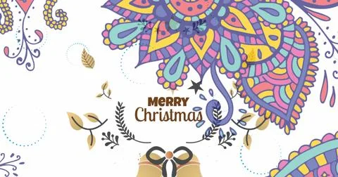 Displaying Merry Christmas script on white canvas, featuring gold bells and Stock Photos