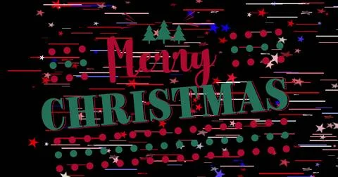 Displaying Merry CHRISTMAS text centered on black canvas, with three pine icons, Stockillustratie