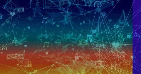 Displaying mesh connecting nodes in cyberspace, with tech icons like padlock Stock Illustration