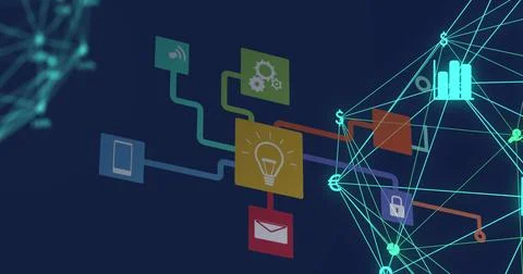 Displaying mesh view growing in digital space, with gear light bulb envelope and Stock Photos