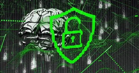 Displaying metallic brain streaming code in landscape, revealing green shield Illustrazione stock