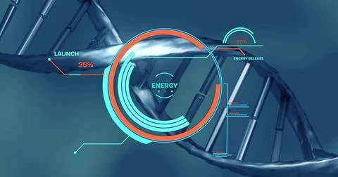 Displaying metallic double helix spanning teal-blue gradient, featuring HUD, Stock Illustration