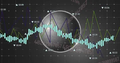 Displaying metallic globe sitting on dotted grid, showing aqua candlesticks a Stock Illustration