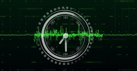 Displaying metallic gray circular analog clock showing 10:10 on HUD, with Stock Illustration