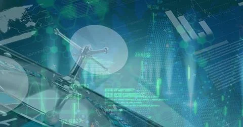 Displaying metallic node structure rotating within virtual network interface, 스톡 사진