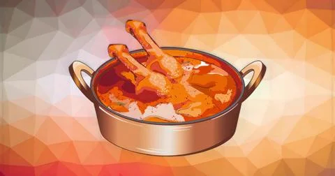Displaying metallic pot with side handles holding red-orange chicken stew aga Illustration