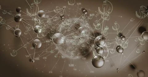 Displaying metallic spheres forming network in digital space, with human icons Stock Photos
