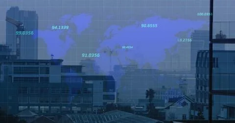 Displaying mid-rise building cluster showing digital map overlay in urban area Stock Photos