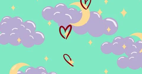 Displaying mint teal night pattern on wall, showing lilac clouds, yellow moons Stock Photos