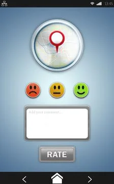 Displaying mobile rating UI in flat design with map pin, emoticons, comment Stock Photos
