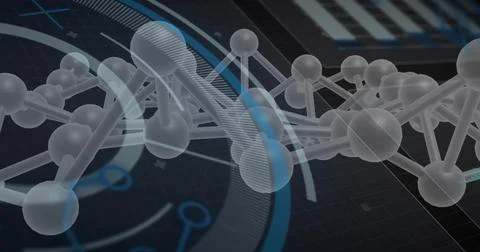 Displaying molecular chain in virtual lab, showing translucent spheres, rods and Illustrazione stock