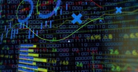 Displaying monitor showing binary code on trading dashboard, with chart bars and 스톡 일러스트