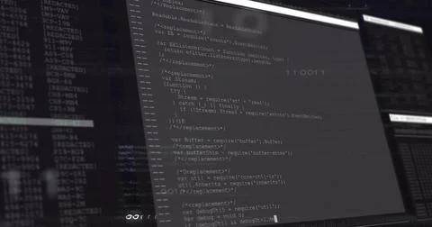 Displaying monitor showing JavaScript code and terminal logs at desk, with split Stock Illustration