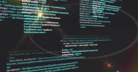 Displaying monitor showing JavaScript code at coder desk, with coffee ring st 库存照片