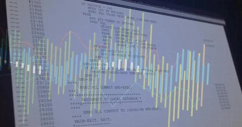 Displaying monitor showing SQL code and overlaid charts at workstation, with  Stock Photos