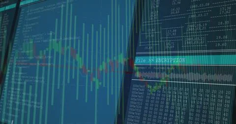 Displaying monitors showing encryption status bar, hex dump and chart in tech Stock Illustration