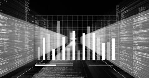 Displaying monochrome 3D bar chart converging on grid in technical dashboard, Stock Illustration