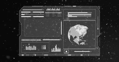 Displaying monochrome HUD panel hovering over dark starfield, with dotted globe Stock Illustration