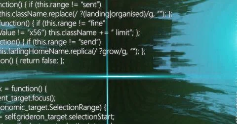 Displaying monospaced code and glowing cyan crosshair on digital screen, with Stock Photos