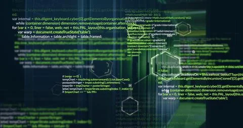 Displaying monospaced code scrolling over network nodes in virtual workspace, 스톡 사진