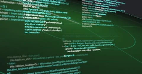 Displaying monospaced code tilting on-screen green gradient with curved arcs, Foto stock