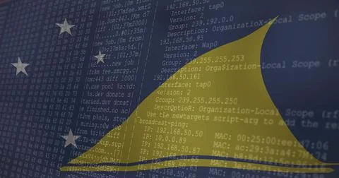 Displaying monospaced network code on dark blue backdrop, with yellow curve and Stock Illustration