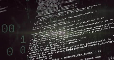 Displaying monospaced source code column at workstation, showing translucent Stockillustratie