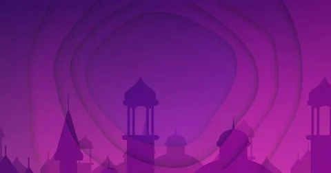 Displaying mosque skyline centered over purple gradient, featuring layered 스톡 사진