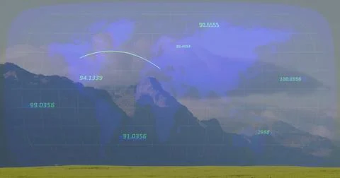 Displaying mountain peaks spanning grassy field with world map overlay, grid Stock Photos