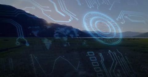 Displaying mountain ridge spanning valley at dusk, with blue circuit patterns, Stock Illustration
