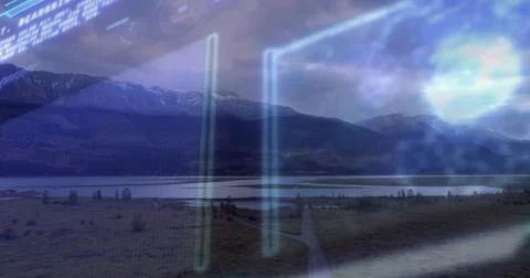 Displaying mountain valley through window, with paved path to lake and glowing イラスト素材