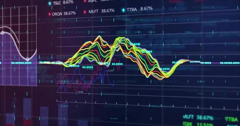 Displaying multi-colored waveform chart on trading screen with ticker symbols Stock Illustration