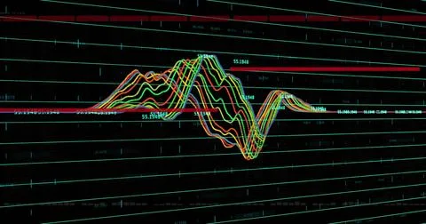 Displaying multi-colored waveform lines on dark analytics screen, with teal g Stock Illustration