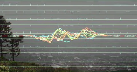 Displaying multi-colored waveform overlay moving across misty hillside overlook, Stock Illustration