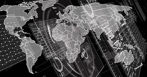 Displaying multi-layered global map HUD showing gauges, readouts, hex tiles over Stock Photos