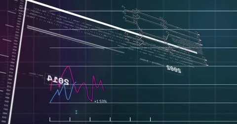 Displaying multi-layered HUD data on dark teal dashboard, showing blue and Stock Photos