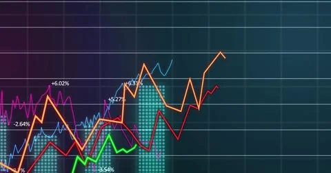 Displaying multi-line financial graph at trading interface, with colored trend Stockillustratie
