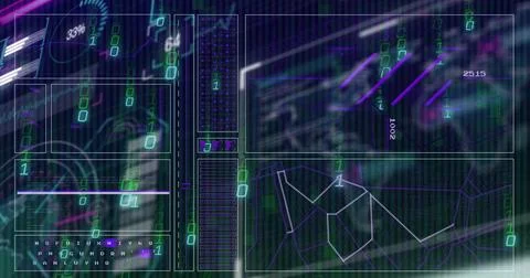 Displaying multi-panel console view, with binary streams, network graph, Stock Illustration