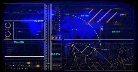 Displaying multi-panel digital HUD dashboard filling frame, showing line chart, Stock Photos