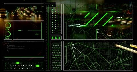 Displaying multi-panel HUD showing line chart, gauges 489, code window, keyboard Stock Illustration